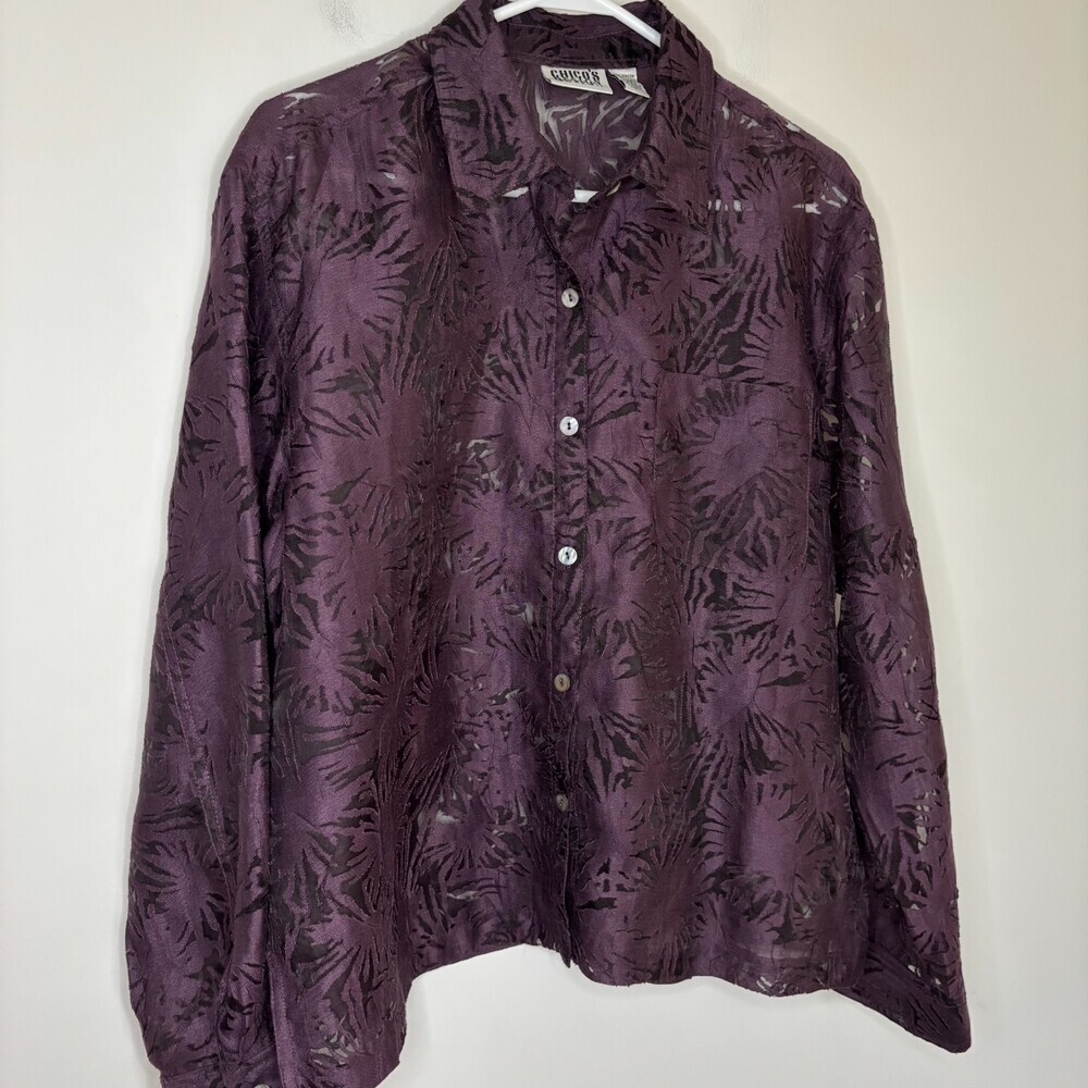 CHICO'S DESIGN Sheer Linen Blend Button Up Top Womens M Purple Collar Floral